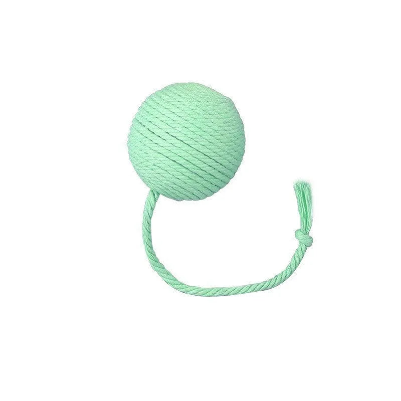 Cat toy ball with rope attached in green, pink, purple or yellow colour with internal bell