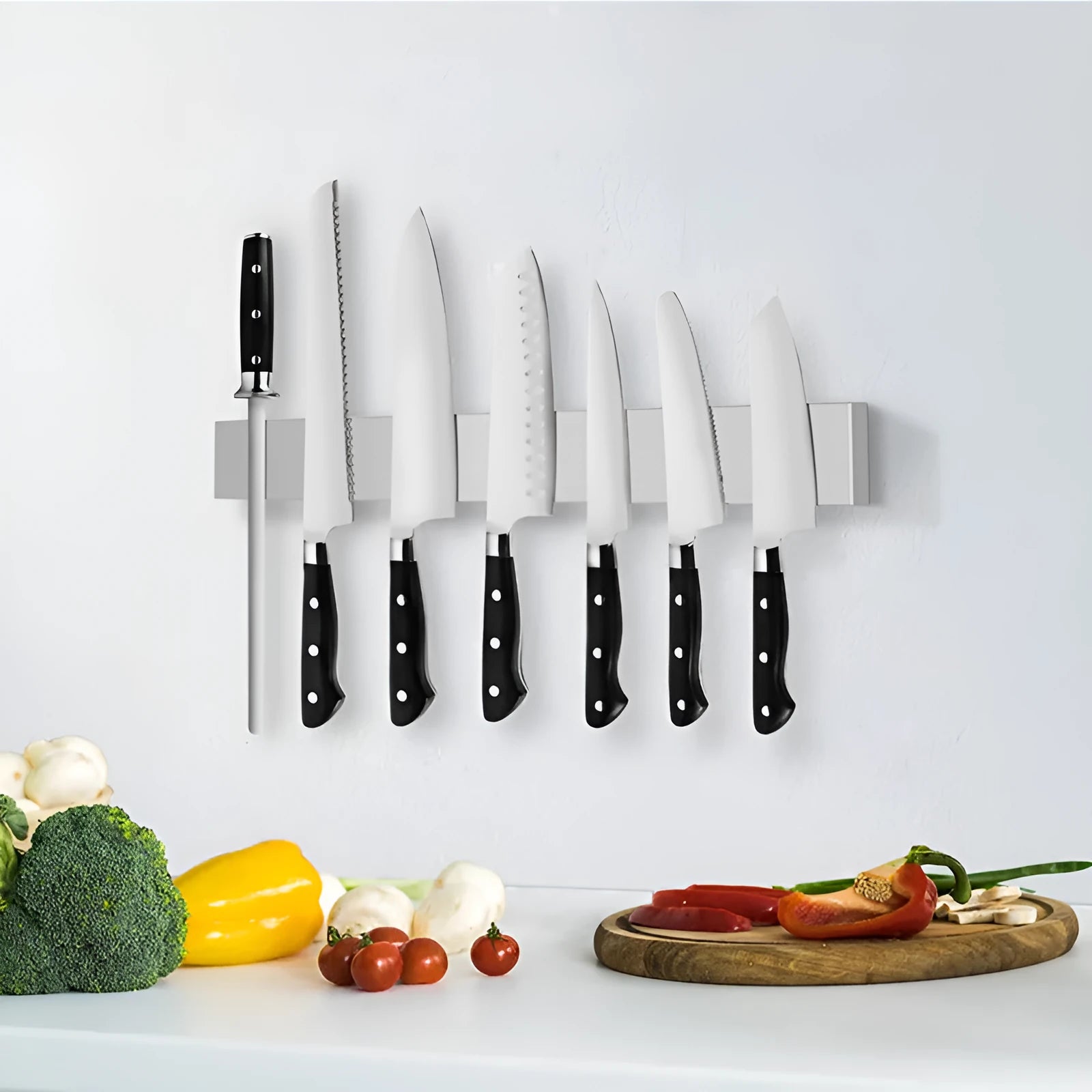 Stainless steel wall mounted magnetic knife storage rack with multiple length options