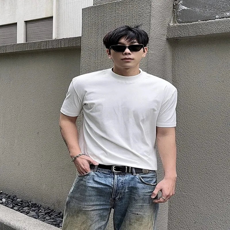 Men's cotton short sleeve t-shirt with half turtleneck and drop-shoulder sleeves in solid colour