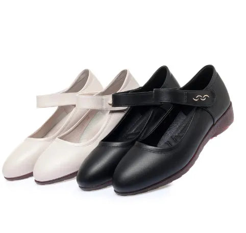 Women's softsoled peeptoe leather shoes with single strap, wedge heel, round toe, black and off-white options