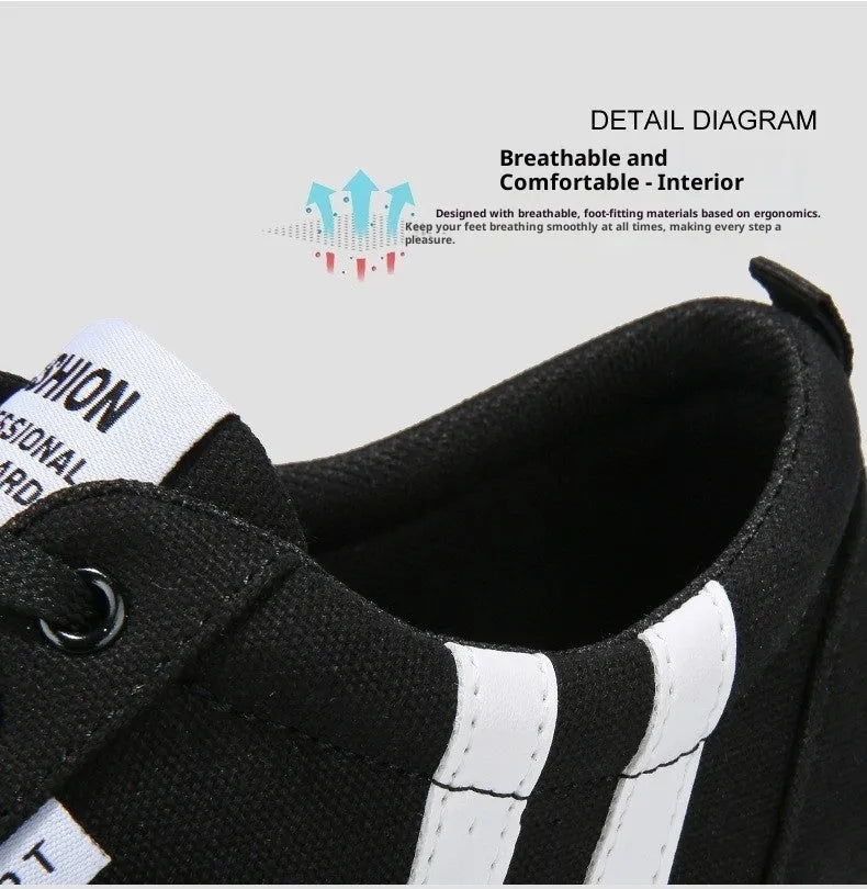 Men's low top spring canvas shoes in black cloth cover with flat rubber sole