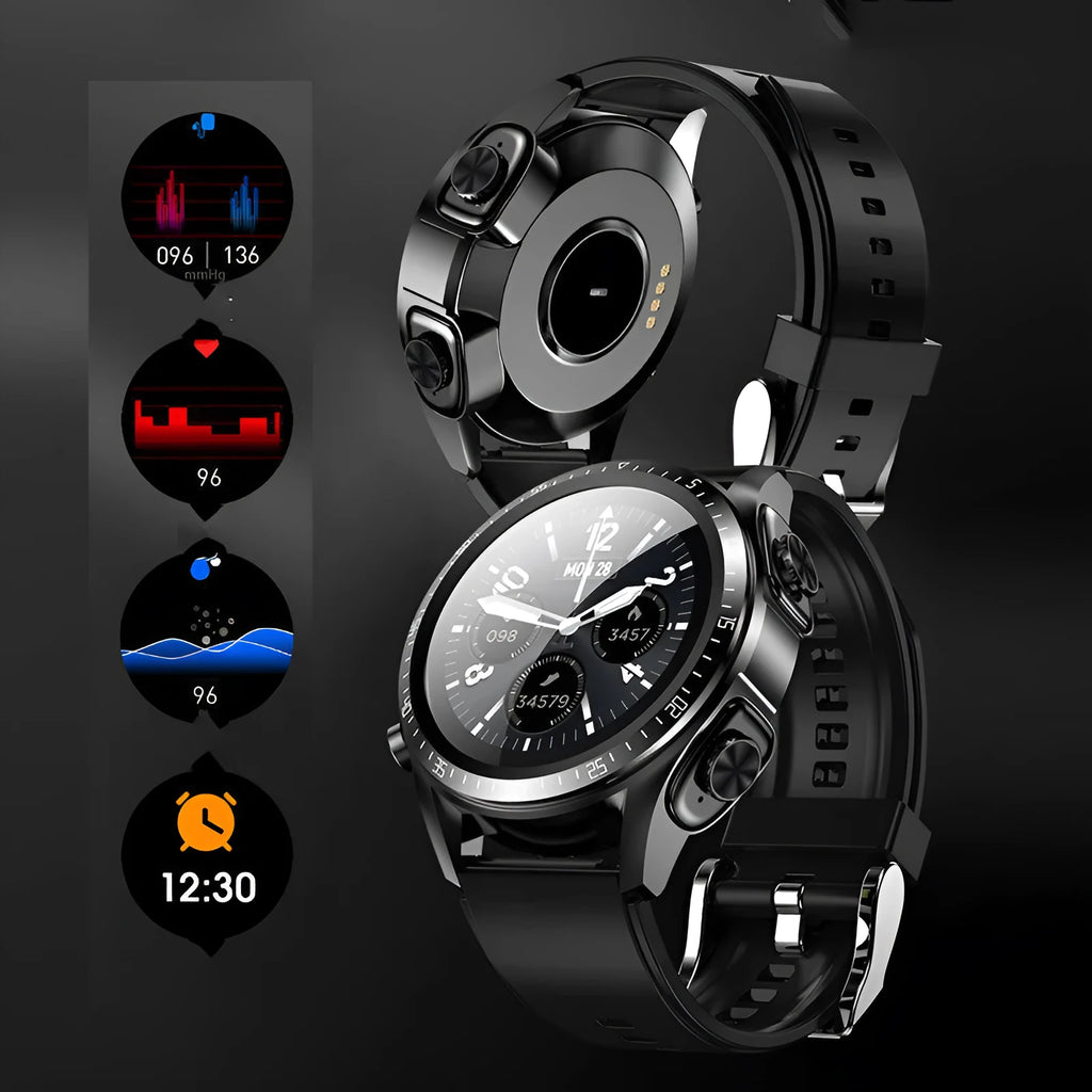 Black smart watch with blood pressure monitoring on a silicone wrist strap