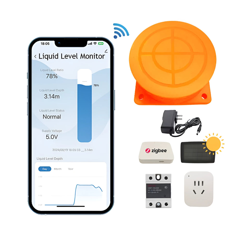 Moray ME201W wireless fluid level sensor with white PC plastic housing and connected power supply for remote tank monitoring.