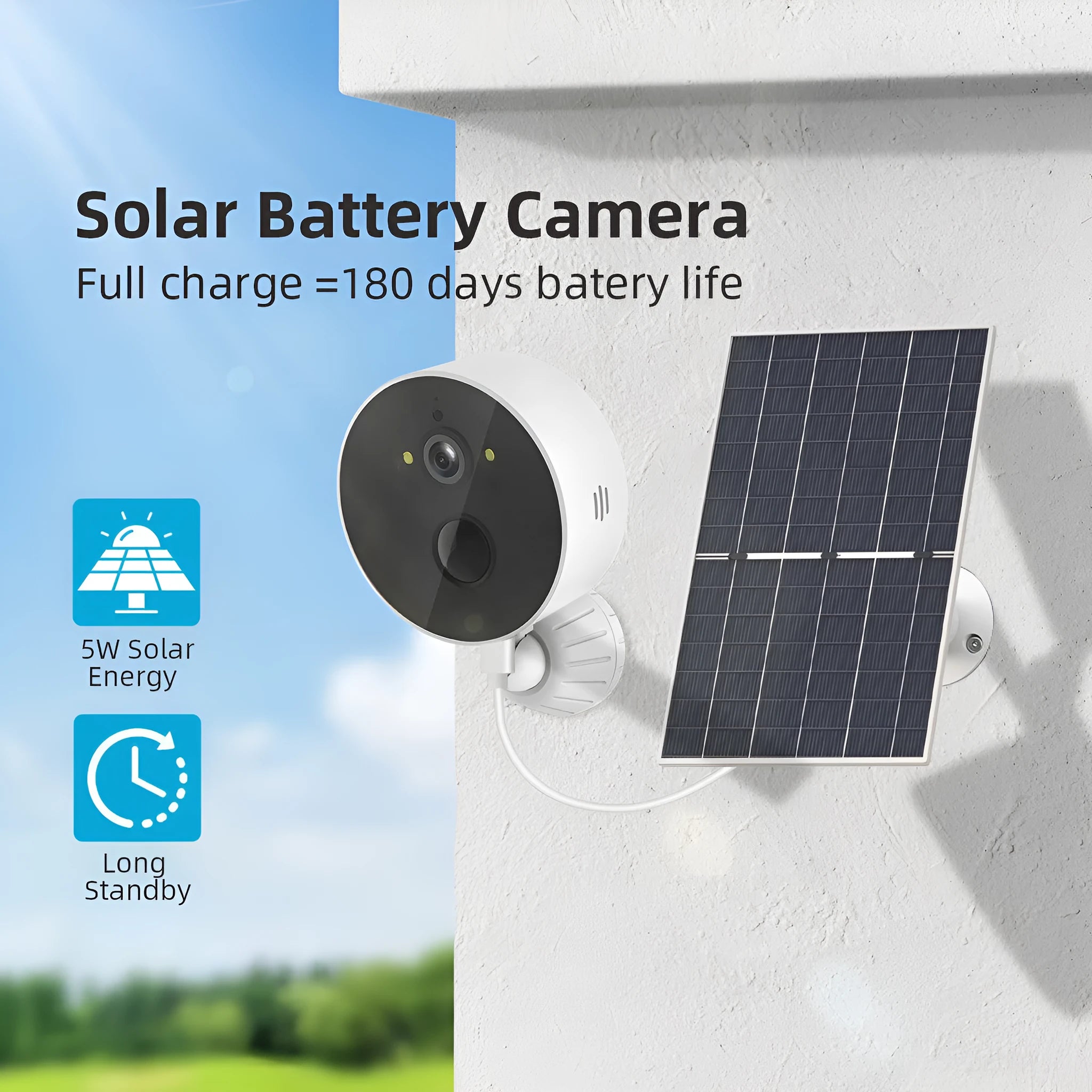 Outdoor solar-powered security camera with separate solar panel for 1080P monitoring.
