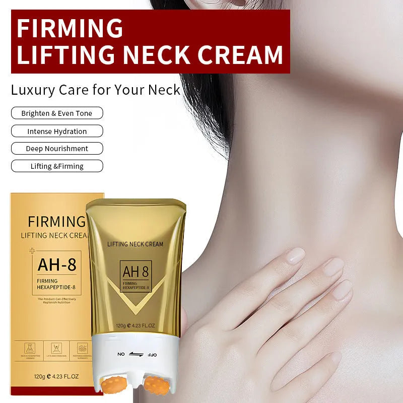 Container of roller neck cream with built-in massage ball applicator.