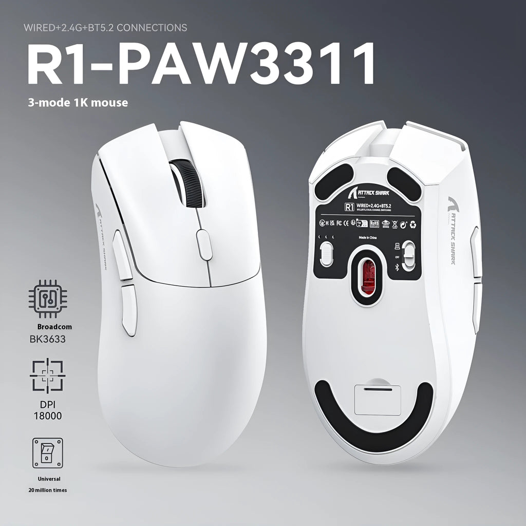 Attack Shark wireless Bluetooth gaming mouse in black, red or white colours showing compact design