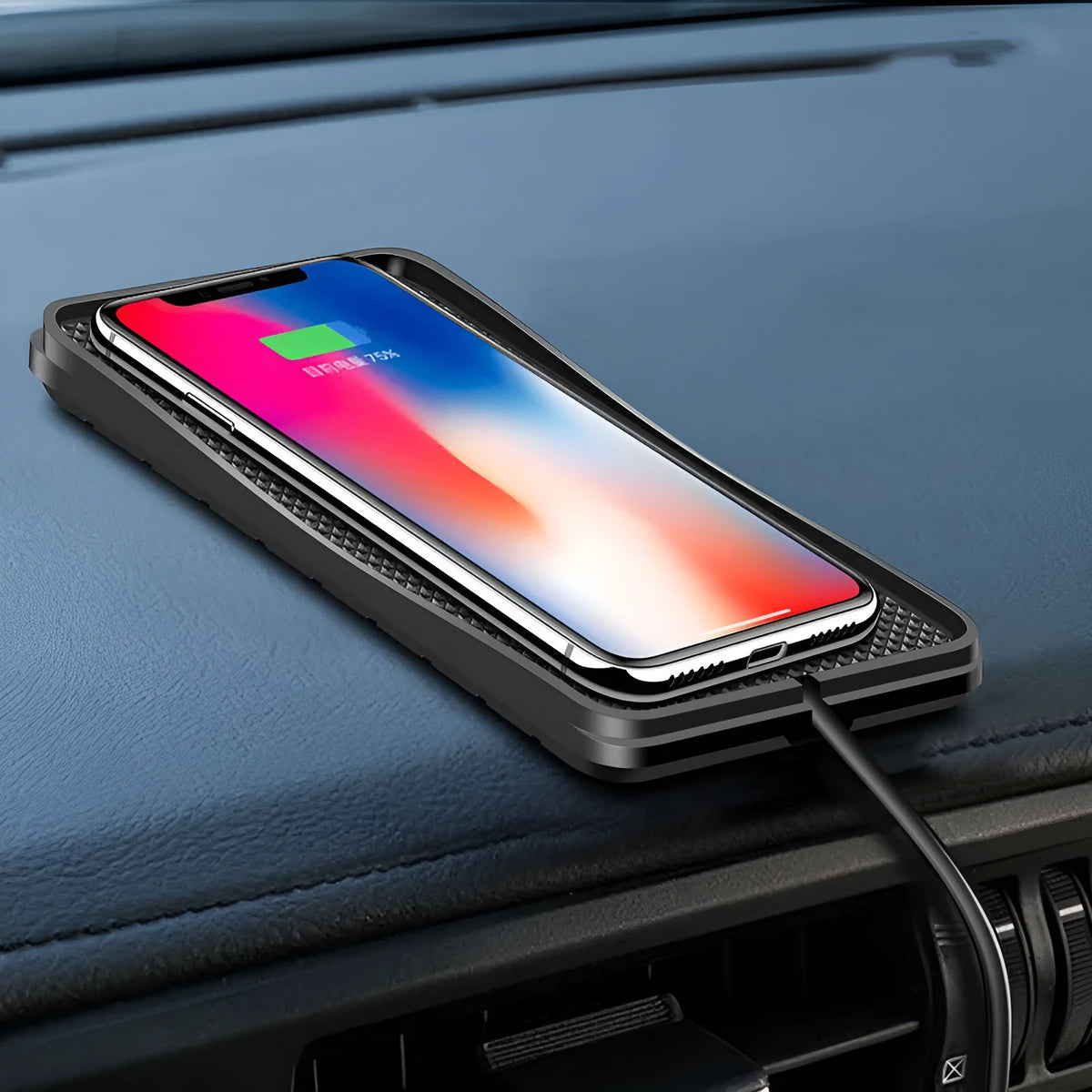 Black anti-slip car wireless charger compatible with Apple iPhone, 175x93x14mm, placed on car dashboard