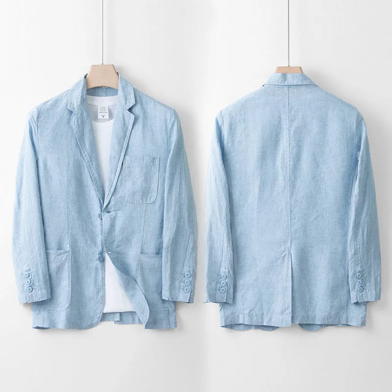 Men's linen casual jacket in solid colour with long sleeves and loose fit