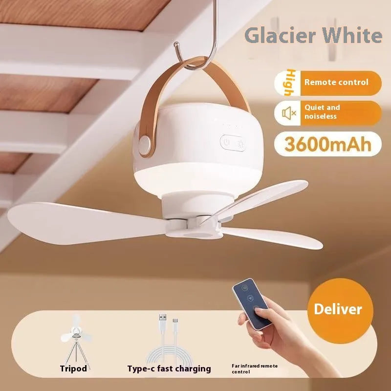 Rechargeable portable camping fan with night light, remote control, and hanging bracket on a blue background.