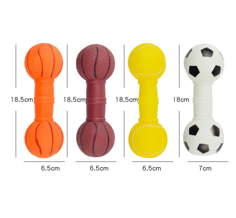 Brown, orange, white, and yellow PVC football dumbbell shaped dog chew toy with squeaker.