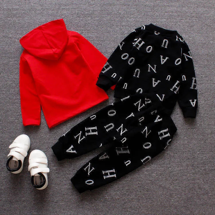 Red and white children's long sleeve clothing set, polyester and vinylon blend, shown in sizes 80cm to 110cm.