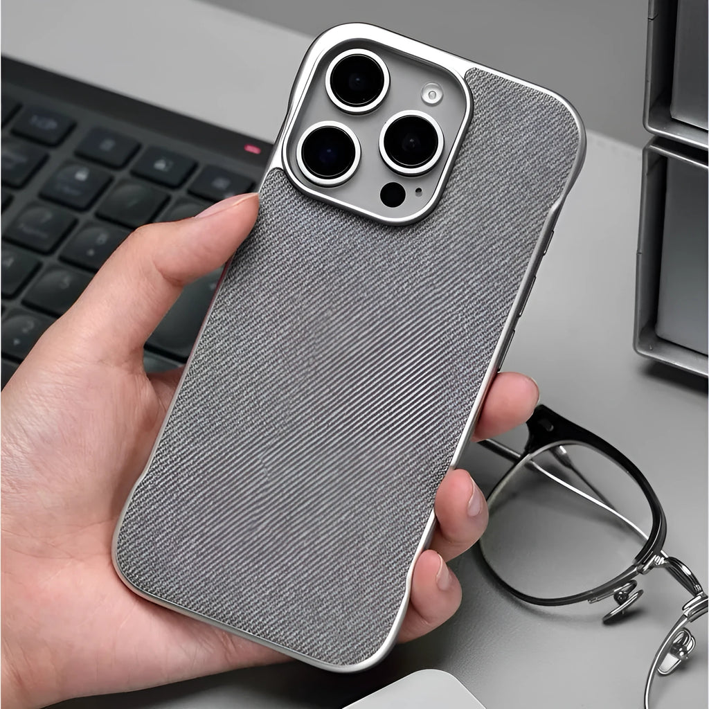 Imitation leather phone case with embossed hemp pattern, no border design, fits iPhone 14 to 16 Pro Max, available in multiple colours.