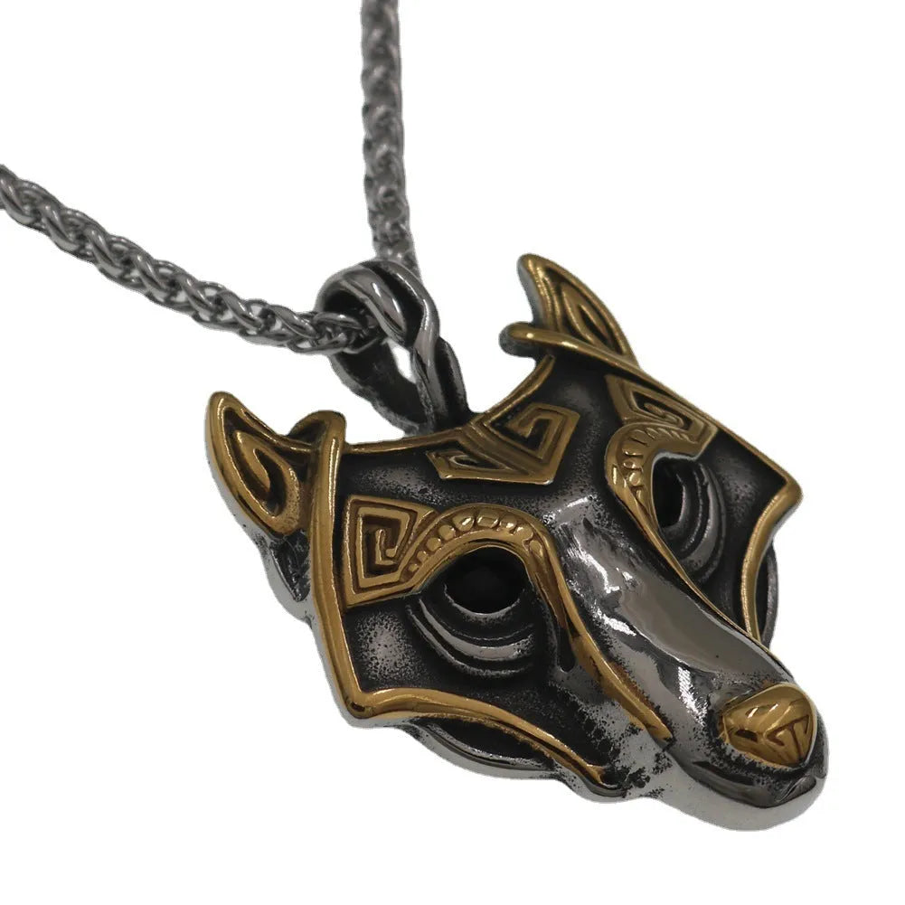 Wolf head titanium steel gold electroplated pendant with snake chain, Viking style, 3.8x4.7 cm