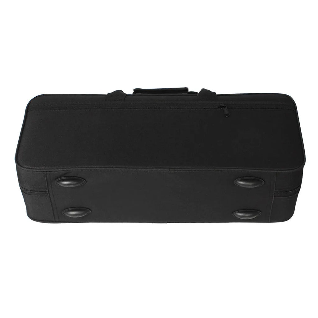 Black Oxford cloth shoulder and back storage bag for musical instruments, 53x22x15 cm, on a plain background