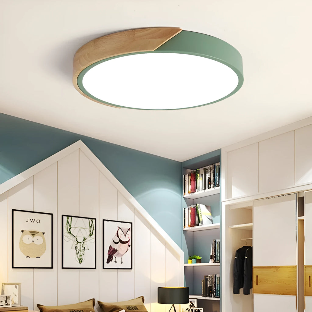 Round macaron LED ceiling light in white with plastic shade for bedroom use