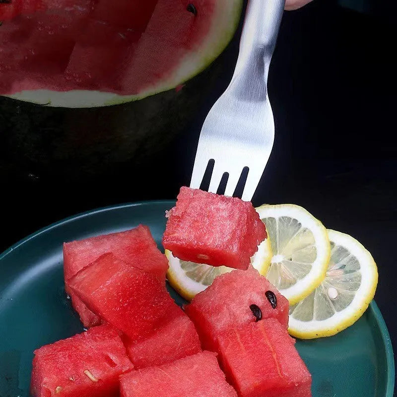 2-in-1 watermelon fork slicer made of 304 stainless steel, 26 cm long, with rounded fork head and lengthened handle