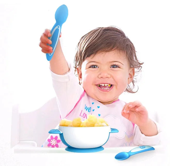 Baby tableware set with polymer antibacterial material, six pieces including bowl, in blue colour option