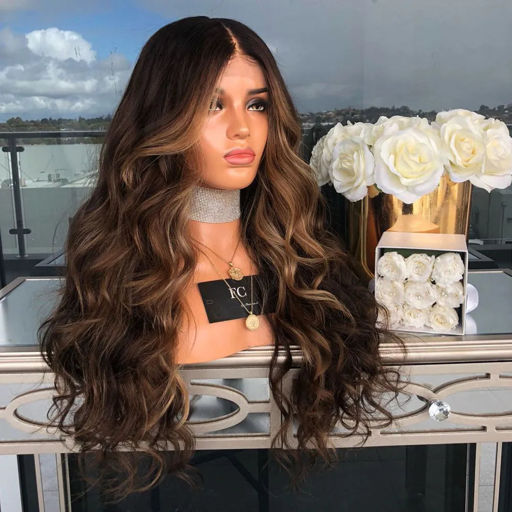 Long brown wig with high temperature wire hairline for natural look
