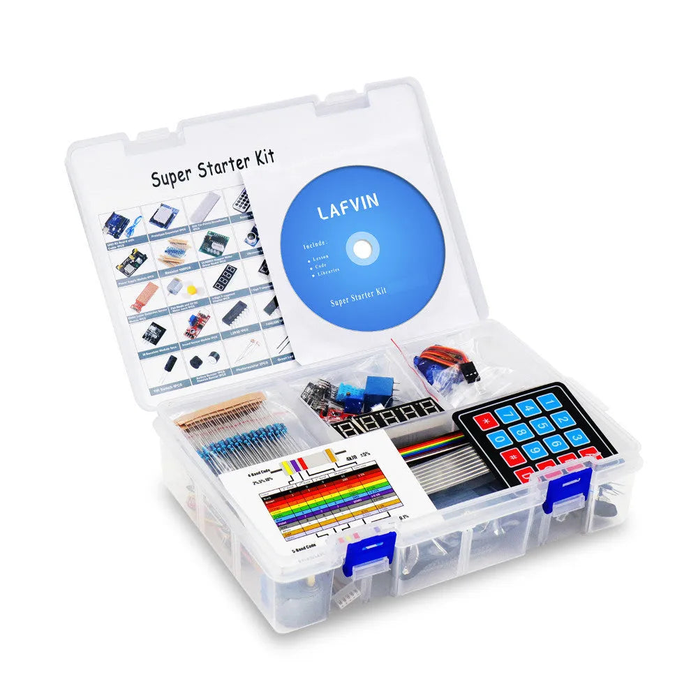 Arduino R3 starter kit with blue UNO board, breadboard, sensors, motors and electronic components