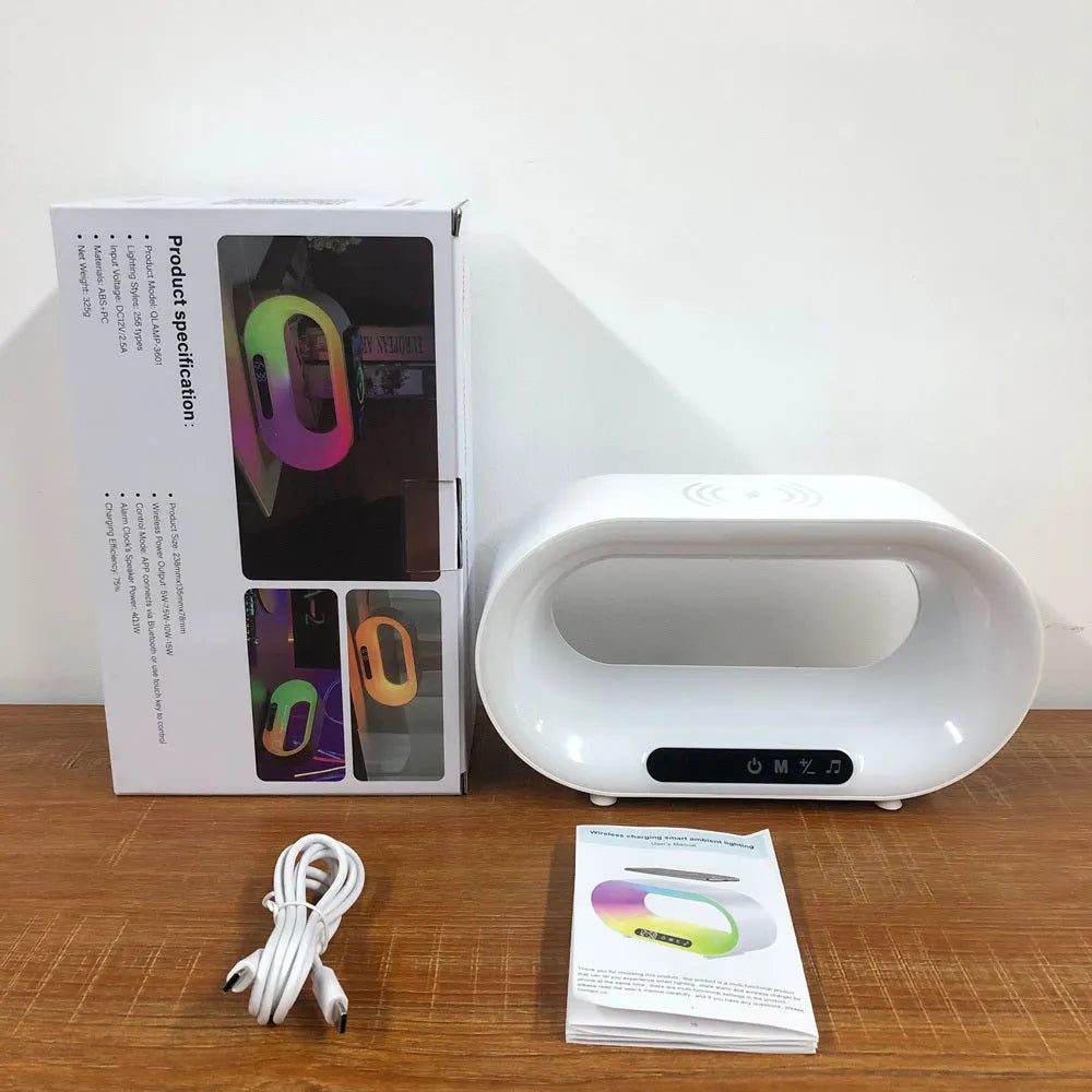 White smart desk lamp with central wireless charging pad and surrounding RGB LED light strip