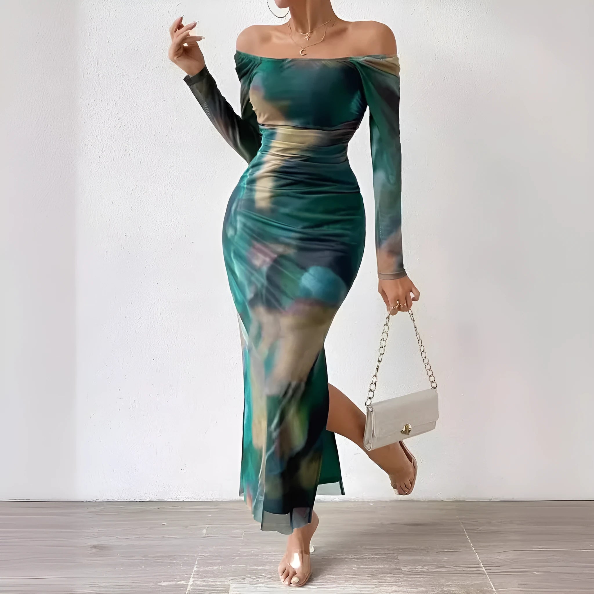 Women's mesh fishtail dress with square collar and gradient colour pleated design