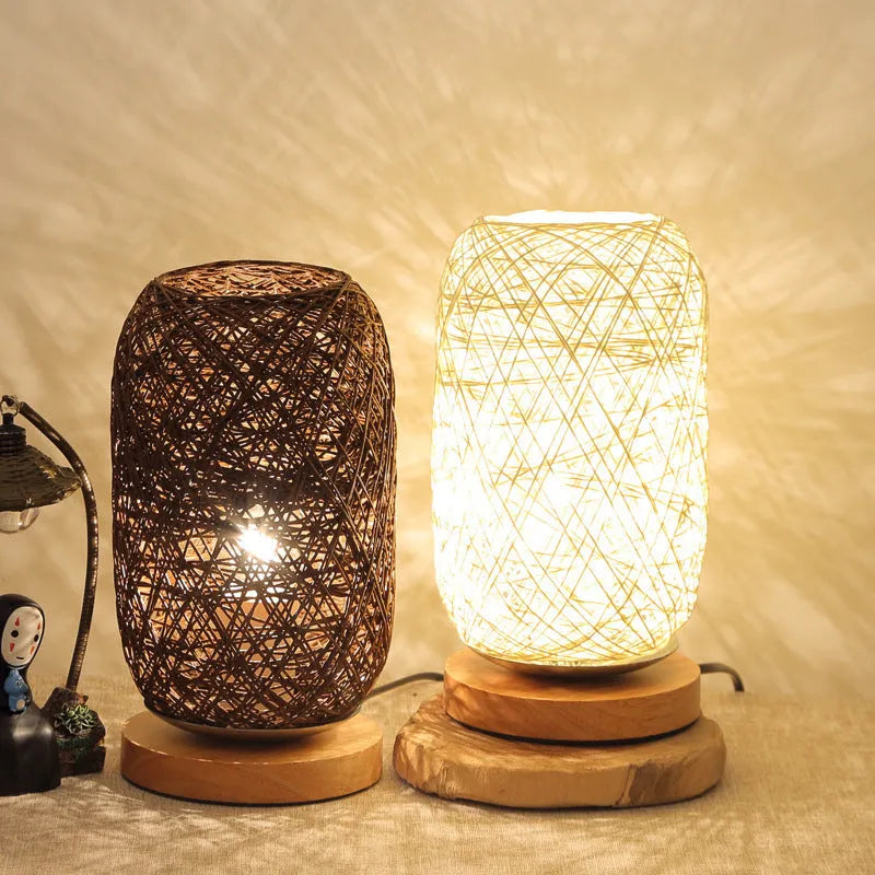 Hemp rope desk lamp with spherical shade on solid wood base
