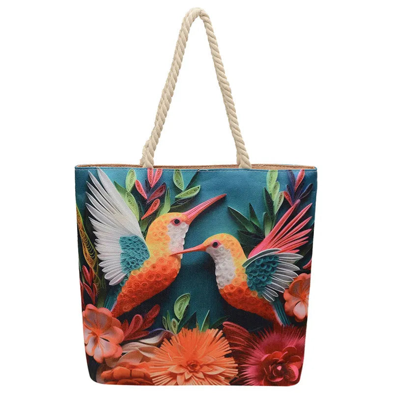 A soft cotton and linen string shoulder handbag with two straps and an open outer pocket.