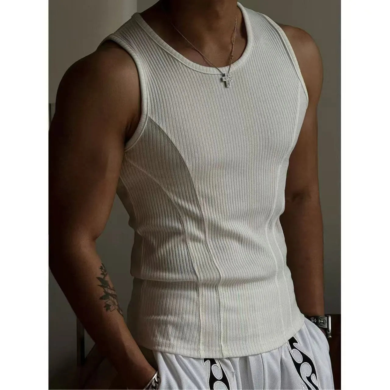 Men's black I-shaped athletic vest tank top with American stitching detail