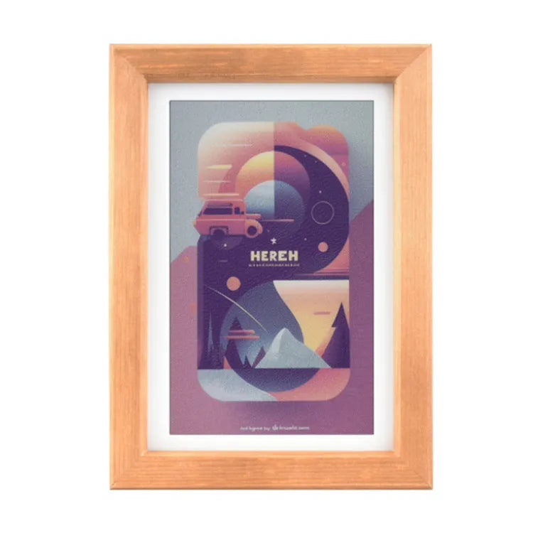 73-inch solid wood photo frame with rainbow colour band and e-ink screen displaying a still image