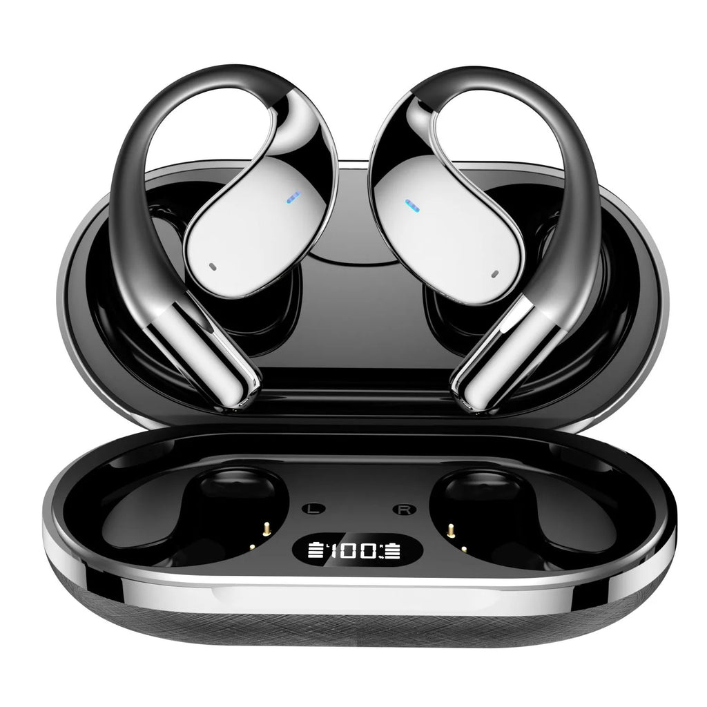 Black and beige hanging ear Bluetooth sports earphones with digital display on a white background.