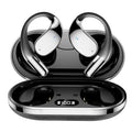 Black and beige hanging ear Bluetooth sports earphones with digital display on a white background.