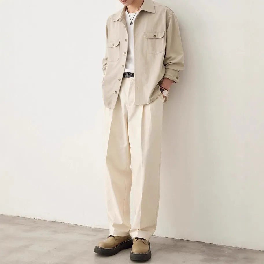 Men's light sand rice long sleeve casual shirt with a lapel collar, laid flat.