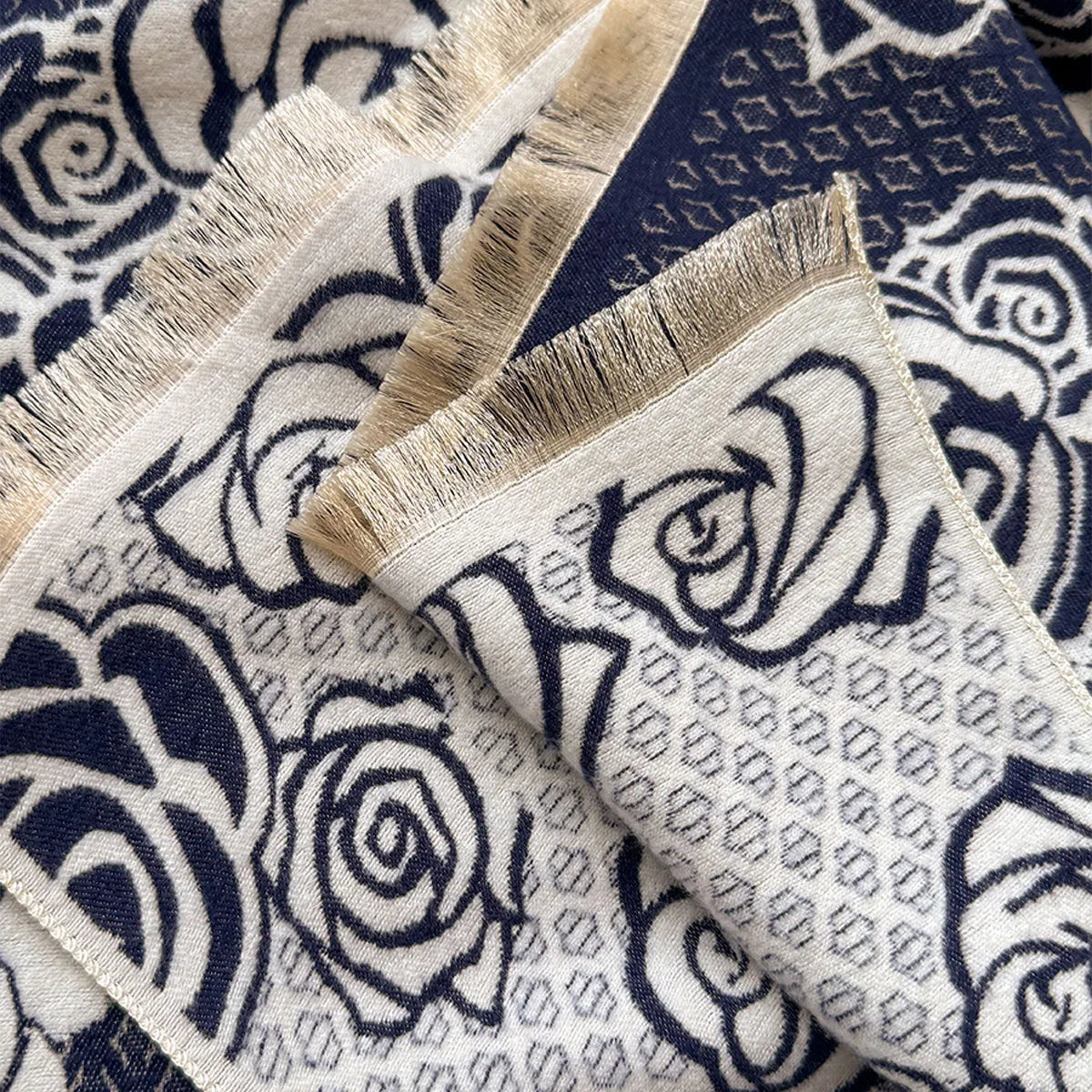 Cashmere-like winter scarf with tassel trim in four colour options showing dimensions of 185cm by 65cm