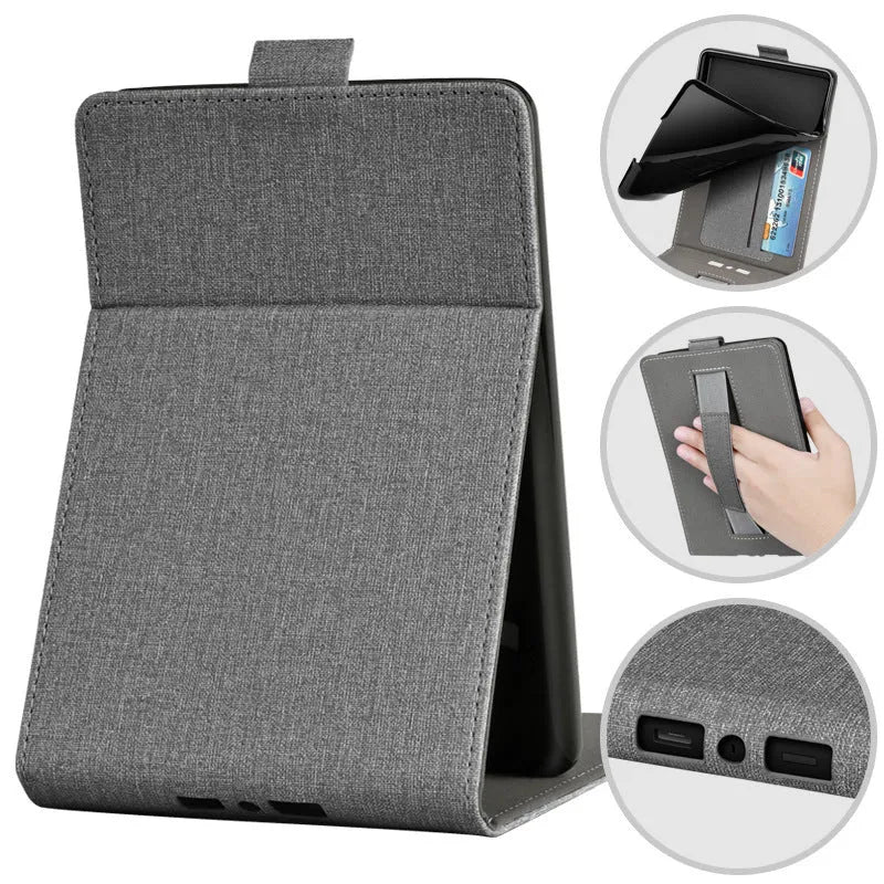 Handheld protective TPU case with bracket for a 6-inch Kindle, shown in a selected colour and embossed design.