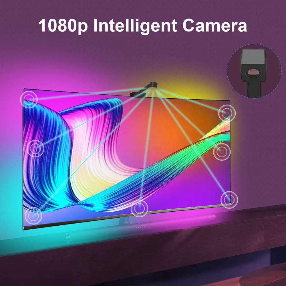 Smart TV LED backlight strip with a small camera for screen colour synchronisation, shown with remote and phone running the Tuya app.