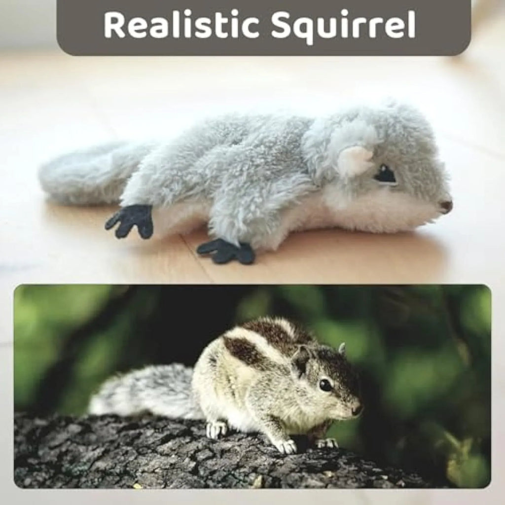 Grey flapping squirrel cat toy with USB charging cable for interactive feline play