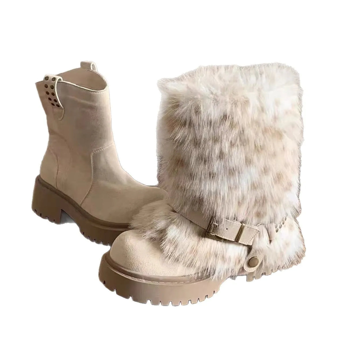 Women's furry snow boots in beige with colour block splicing, mid-calf shaft, and thick rubber sole