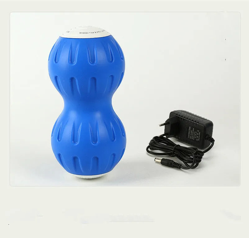 Electric vibrating peanut ball muscle relaxer in blue and black silicone with USB charger for home gym fitness massage