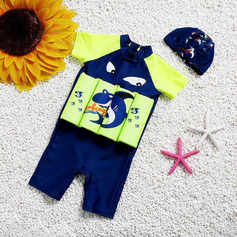 Child's one-piece buoyancy swimsuit in shark cartoon design for pool swimming