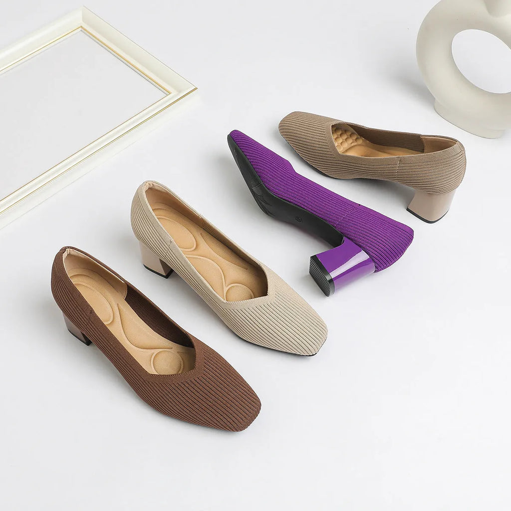 Women's thick head stiletto knitted shoes with block heel, square toe, and mid-heel height, available in multiple colours