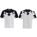 Grey loose-fit men's cotton shirt with short sleeves, drop shoulders, and a detailed burnt flower stitch pattern on the chest.