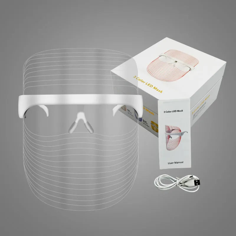 LED three-color transparent beauty mask for home photon facial skin rejuvenation and whitening device