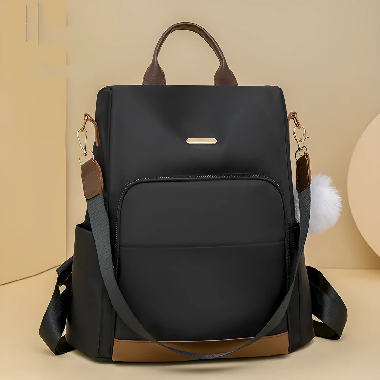 Colour block large capacity anti-theft backpack in beige with oxford cloth exterior and three-dimensional front pocket