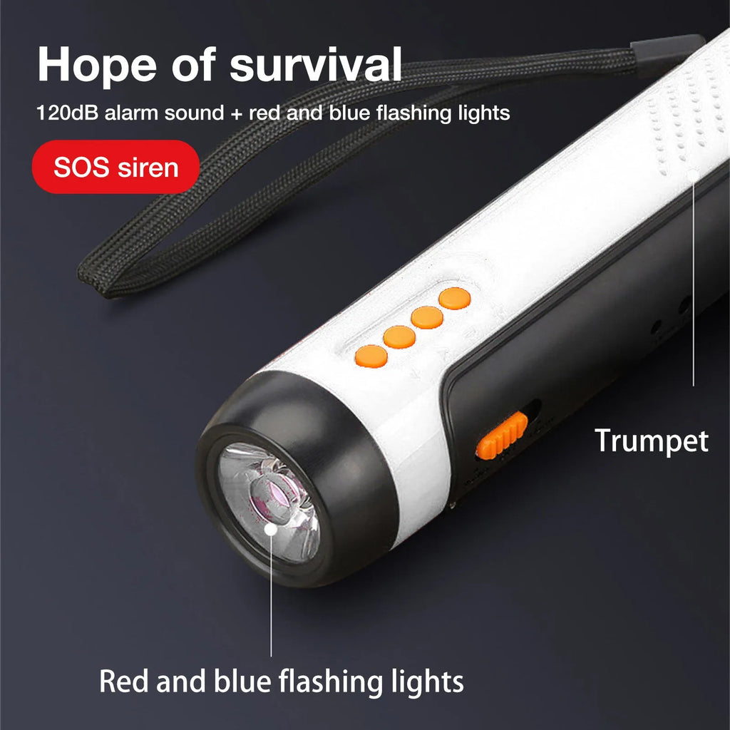 Outdoor rechargeable FM alarm flashlight in red with LED beam, ABS body, USB cable and hand crank