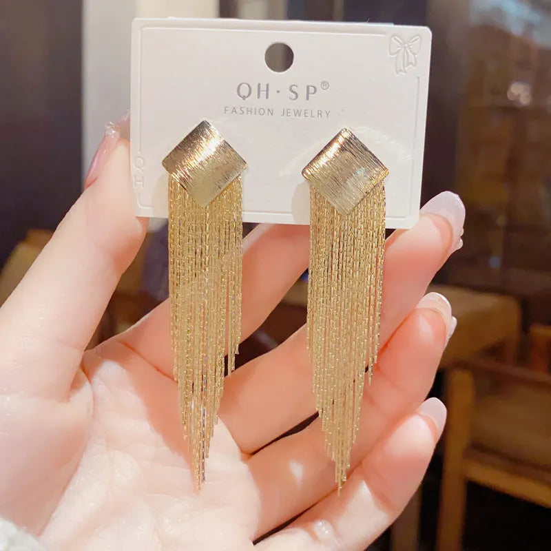 Geometric metal diamond tassel earrings for women, copper with electroplated gold colour finish