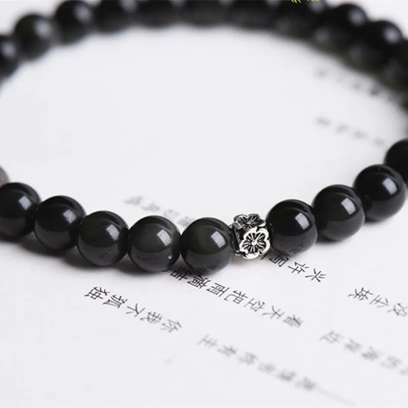 Natural obsidian bracelet with S925 silver flower accessories and dragon phoenix decorations, 6mm beads