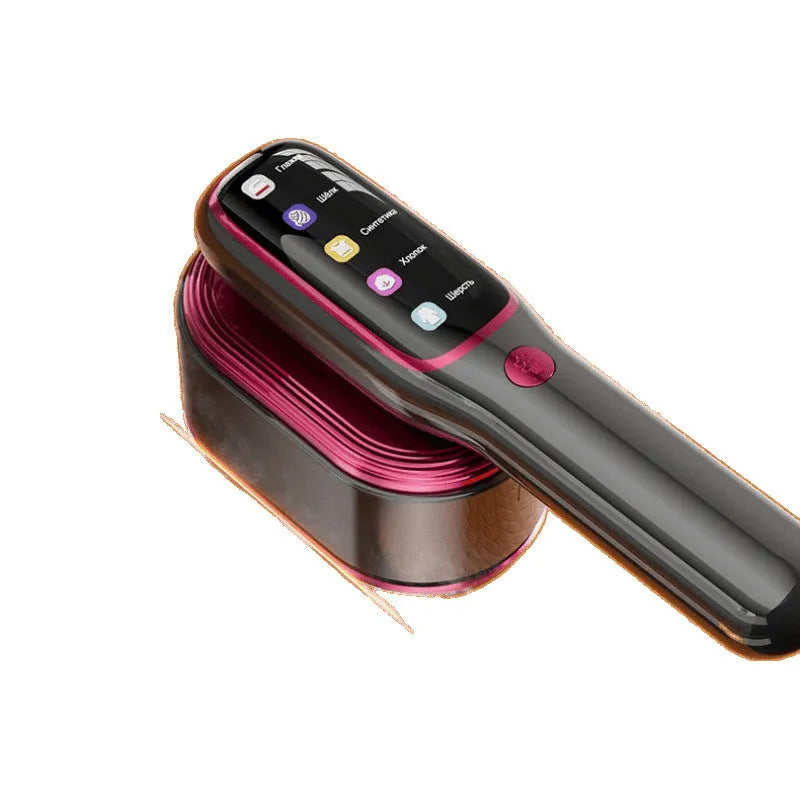 Purple folding handheld garment steamer 1200W with interchangeable plugs on plain background