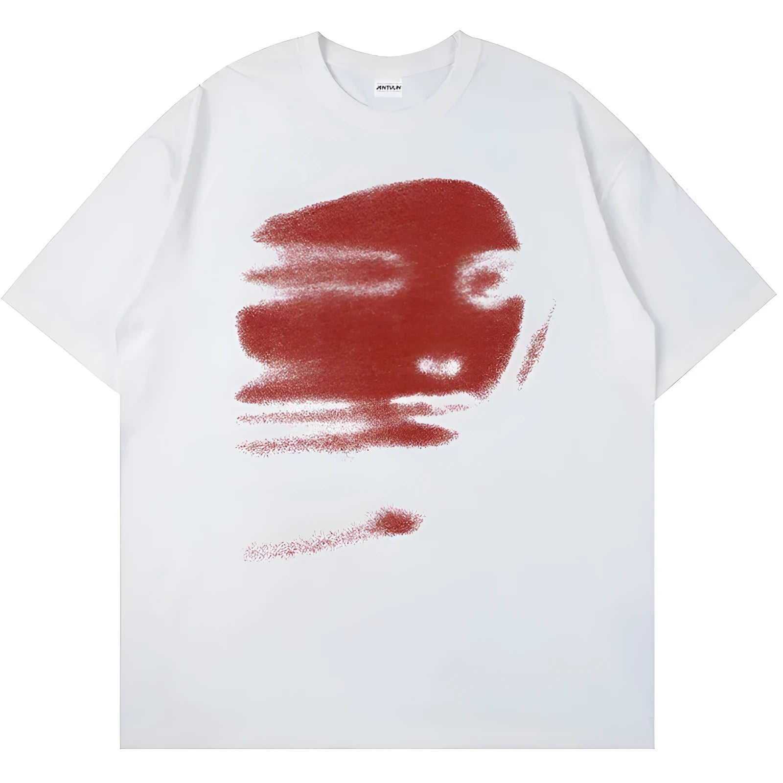 Straight loose fit cotton summer t-shirt with round neck and short sleeves on a hanger.