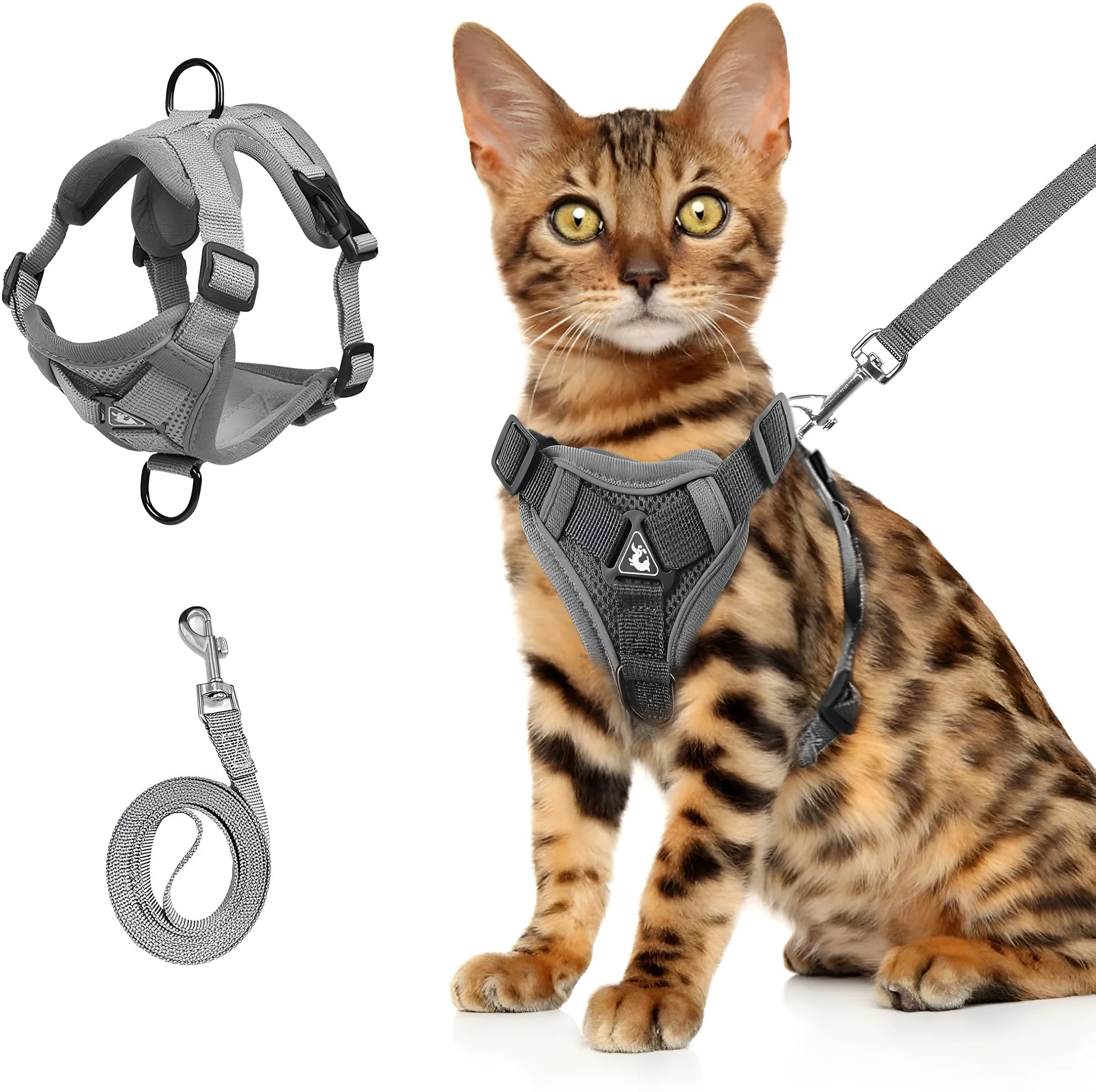 Adjustable soft mesh cat harness and leash set with reflective strips shown in blue, coffee, and grey colours.