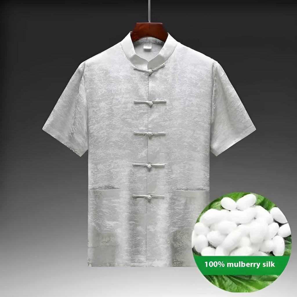 Traditional mulberry silk Tang suit set for men in light green, navy blue or white.